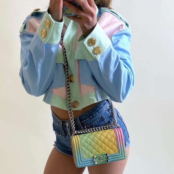 Balmain Multicolor Pastel Crop Blue Pink Seafoam Green Button Jacket Denim - Picture 7 of 11